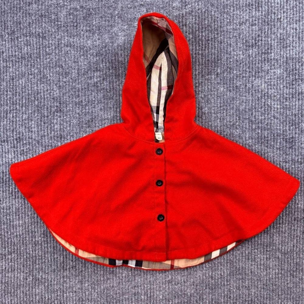 Kids Red Hooded Cape Plaid Lined Button Front Fleece Poncho Size 80